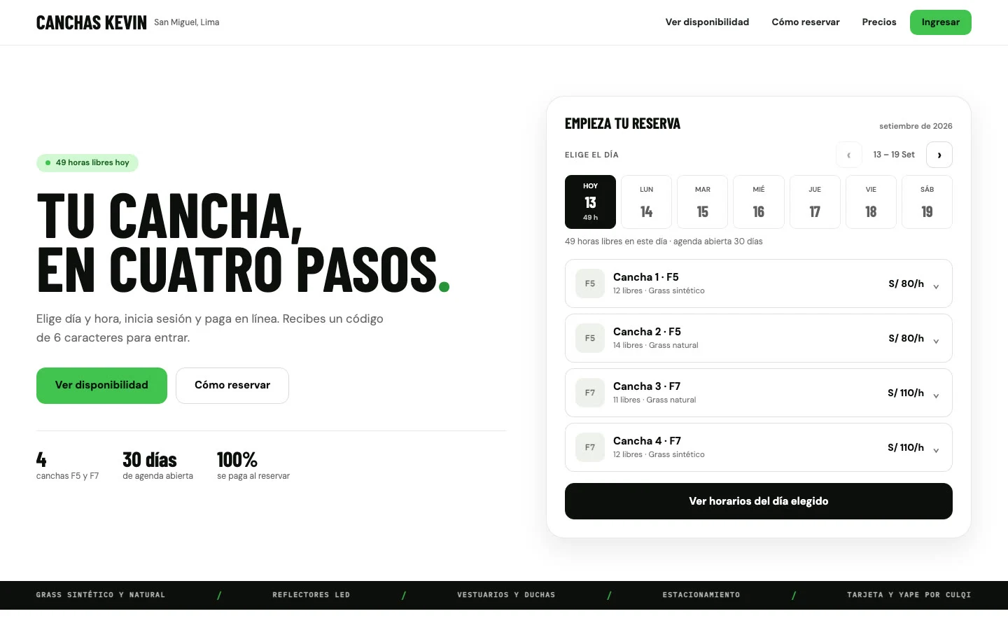 Pantalla de reserva con el calendario de canchas, las horas disponibles y el precio por hora.