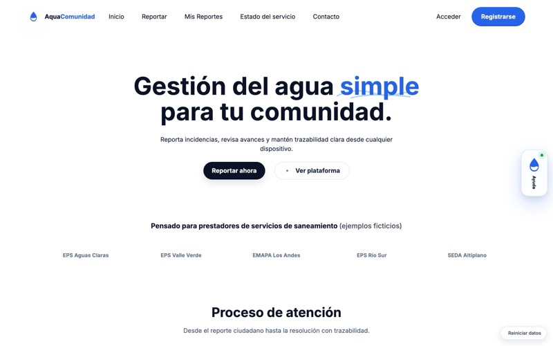Portada de la demo de Plataforma de incidencias de agua